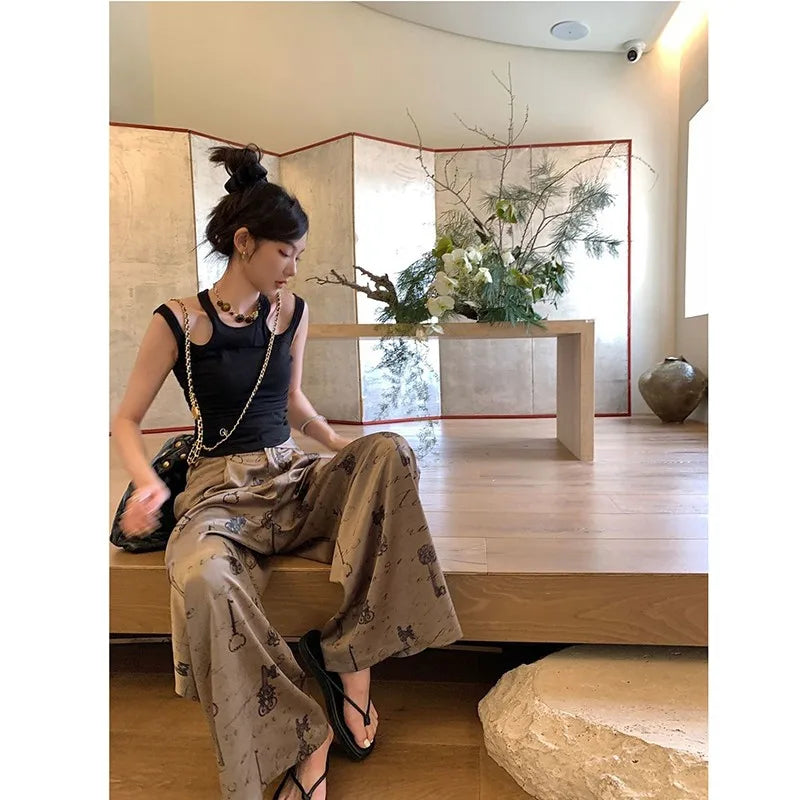 Summer Korean Style Women Vintage Print Ankle-length Pants Casual Loose Button Fly Waist Wide Leg Pants