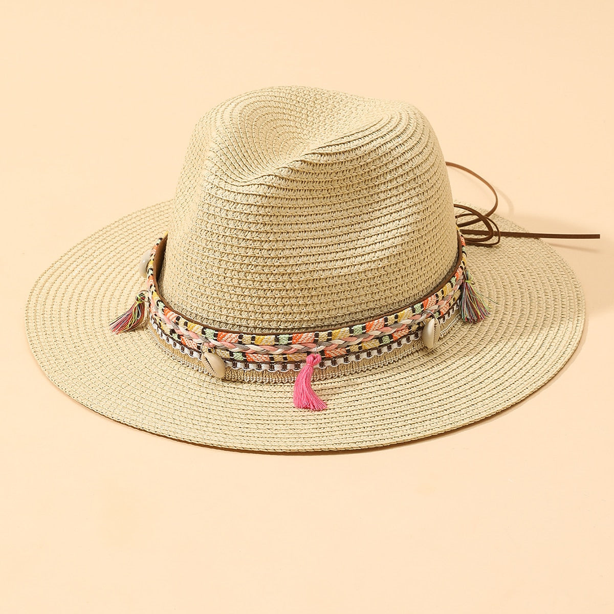 Wholesale Women Pink Tassel Cowboy Hat Floppy Beach Hats Summer Straw Hats Ladies UV Protection Hat Panama Sun Hat beige 1