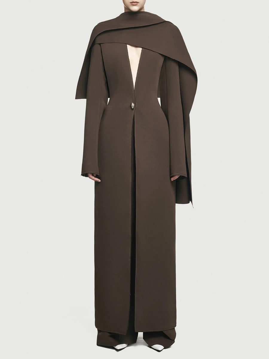 Solid Slimming Spliced Button Minimalist Jackets for Women V Neck Long Sleeves Patchwork Cape Jacket Female Fashion BROWN