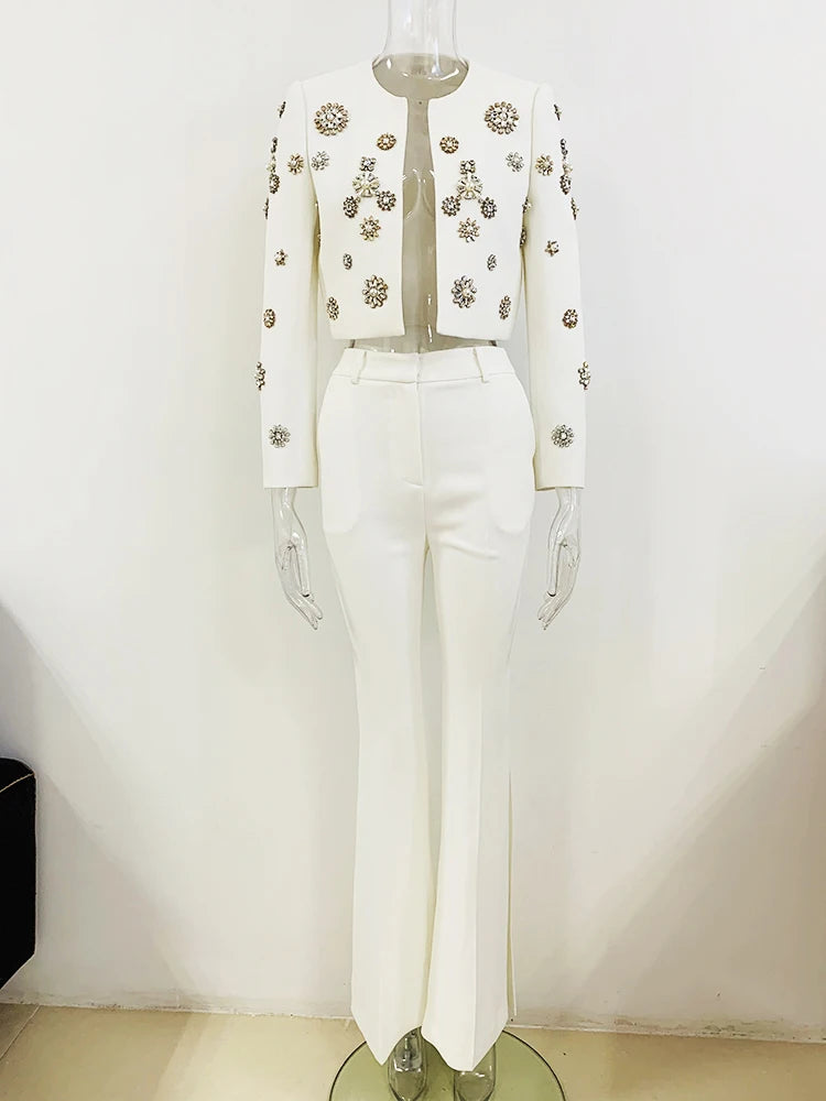 HIGH STREET Newest Fashion 2024 Designer Suit Set Women's Pearls Diamonds Rhinestone Beaded Trimed Jacket Flare Slit Pants Suit WHITE
