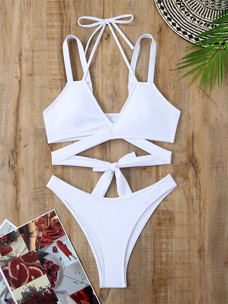 Bikini Women Swimsuit New Solid Sling Lace Up Bikinis Set Sexy Thong Swimwear Summer Two Piece Beach Bathing Suit Female WHITE