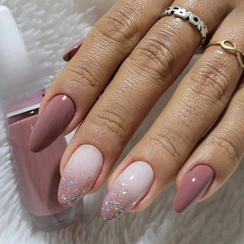 24Pcs Simple Glitter False Nails with Glue Short Oval Almond Fake Nails Yellow Crescent Full Cover Nail Tips Art Press on Nails 6