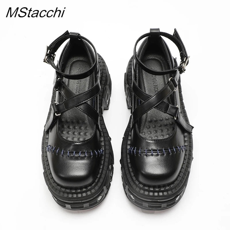 Punk Style Flat Platform Shoes Rivet Buckle Strap Mary Janes Cross Belt Black Leather Thick Bottom Shoes Women Sandals Summer