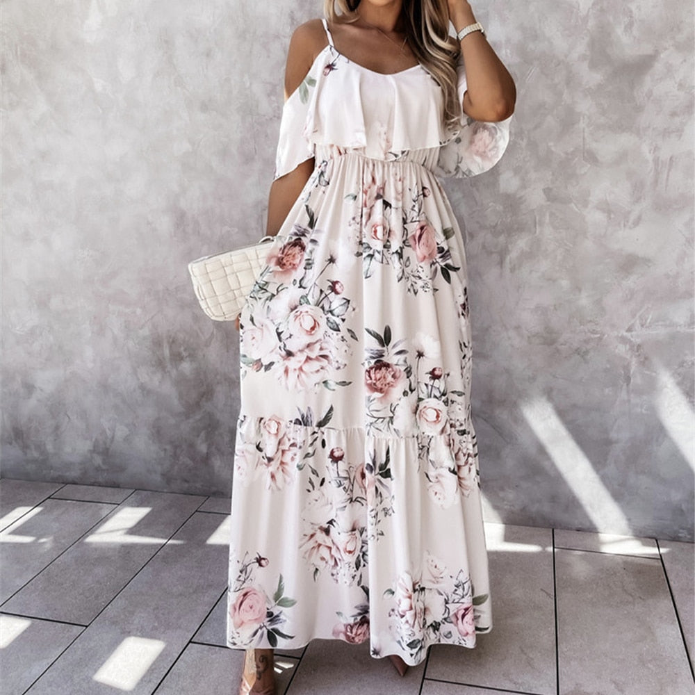 Women Boho Floral Cold Shoulder Elegant fashion Maxi Dress Ladies Summer Ankle-Length APRICOT