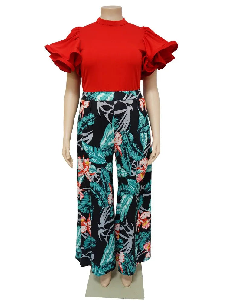 Plus Size Summer 2 Two Piece Set Women Ruffle Pleated Fashion Slim Ladies Blouses Floral Print Loose Pleated Woman Wide Leg Pant