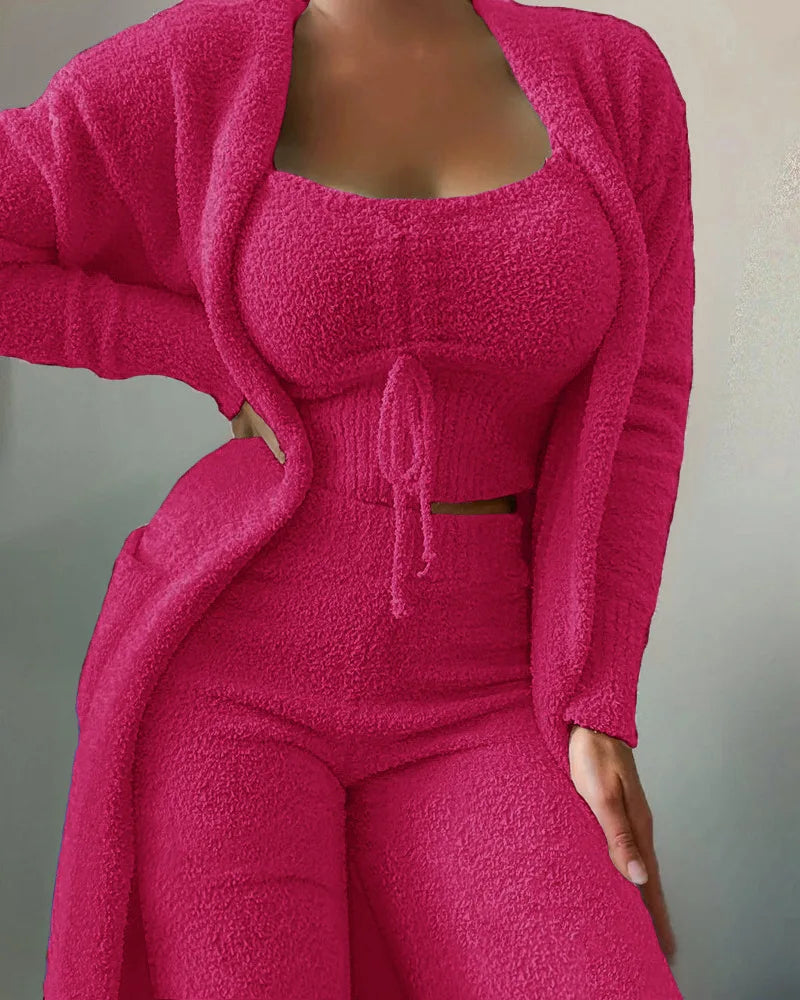 CM.YAYA 3-Piece Women Sets Plush Velvet Pajama Sleepwear Tank Tops + Pants + Cardigan Coat Tracksuit Loungewear Causal Outfits Rose Red 2