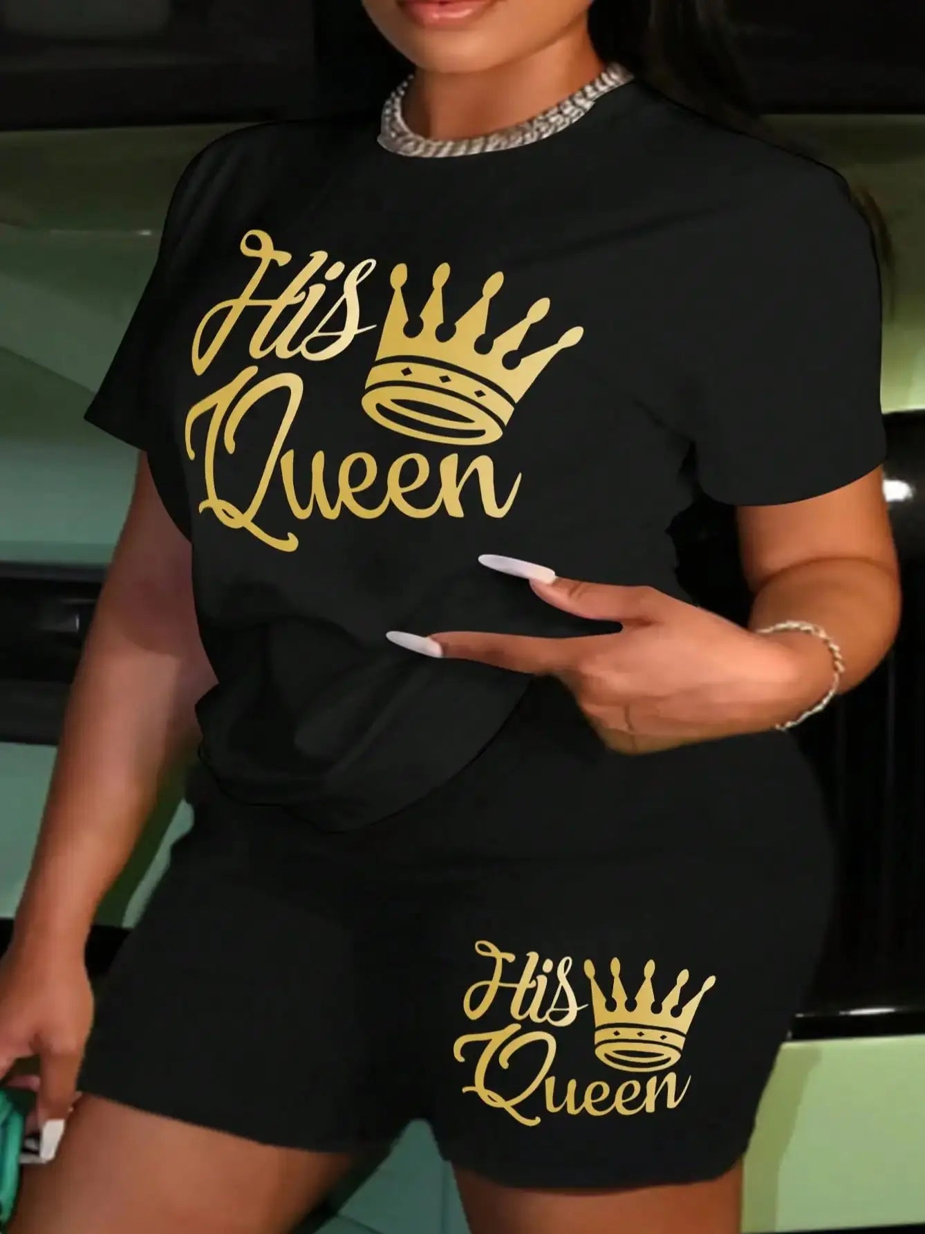 Plus size Women summer clothing Queen printed loose round neck casual black short sleeved T-shirt shorts two-piece set Black