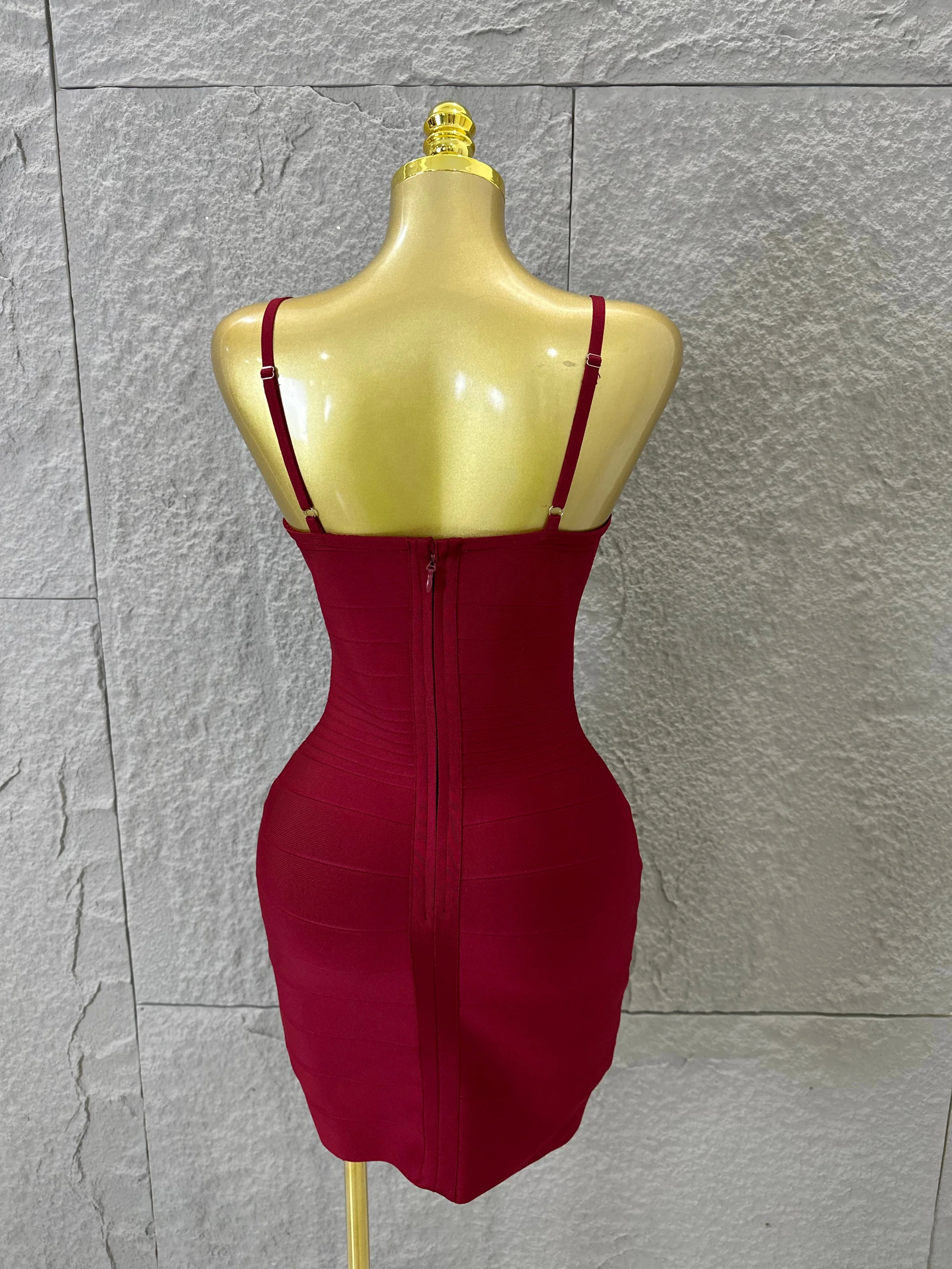 Chic Burgundy Bandage Mini Dress Women Spaghetti Strap Square Neck Bodycon Formal Event Casual Wear Costume