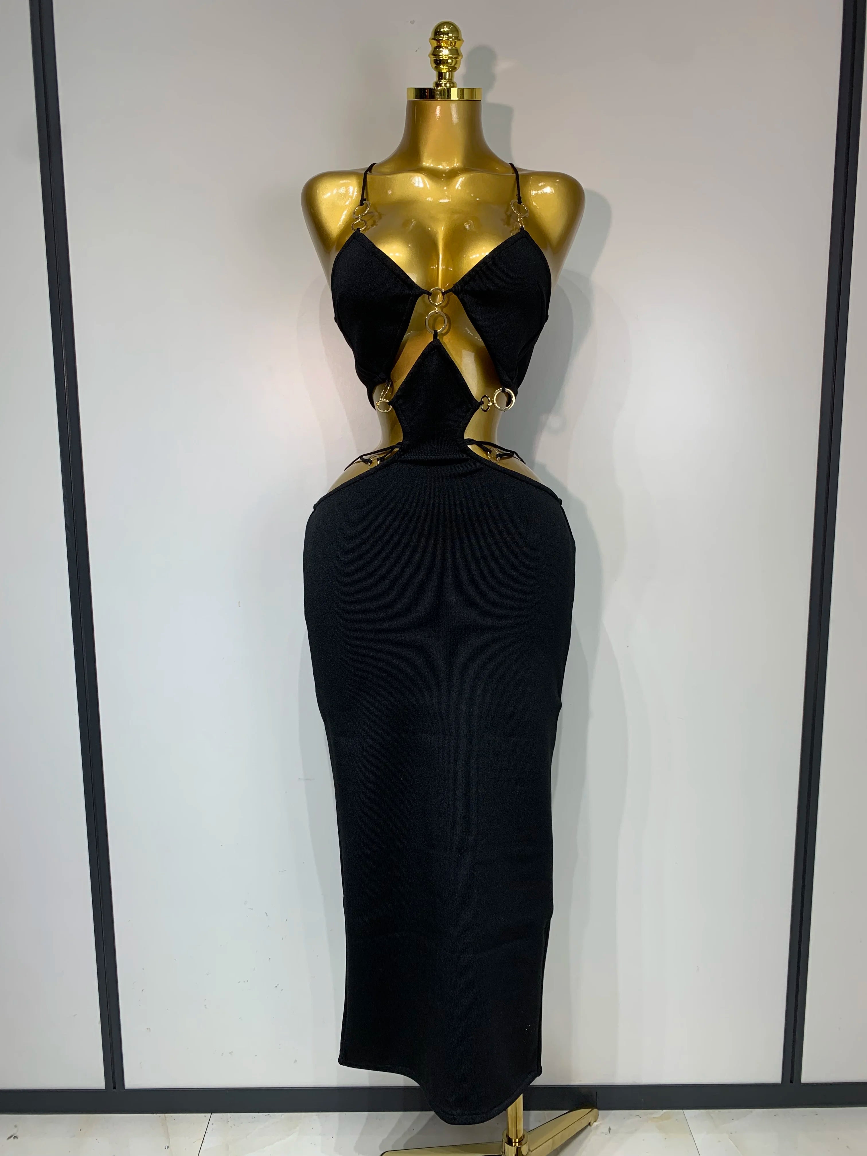 Women Sleeveless Sexy Halter Hollow Out Black Red Bodycon Long Bandage Dress 2025 Celebate Elegant Luxury Birthday Club Dress black