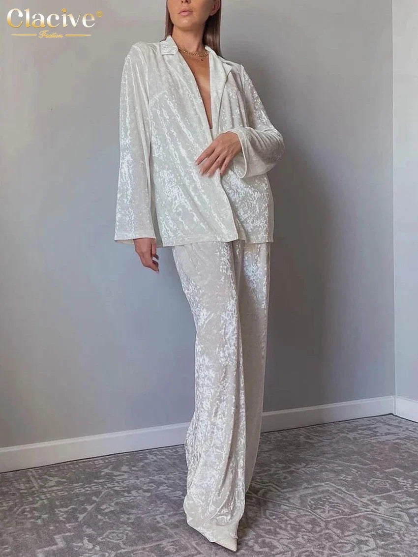 Clacive Winter Loose Home Suits Fashion White Velvet Pants Set Elegant Lapel Long Sleeve Blouses Two Piece Sets Womens Outifits