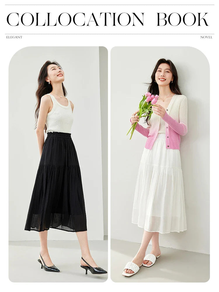 Vimly Black Elegant A-line Women's Midi Skirt Spring Simple Elastic Waist Solid Thin Female Skirts Women's Clothing M6079
