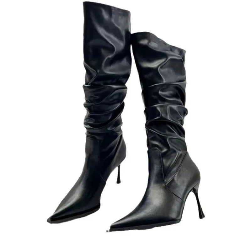 Pointed Pleated High Barrel Boots for Women in Autumn Thin Heel Stacked Boots High Heel Below Knee Long Barrel Boots