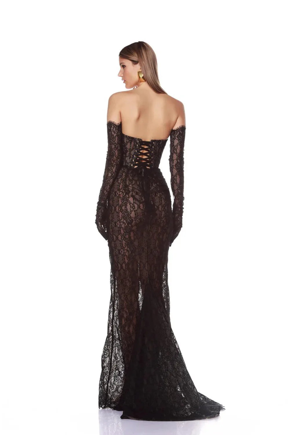 New Summer Black Color Women Sexy Strapless Lace Floor-length Mermaid Dress Gloves Elegant Evening Party Prom Outfit