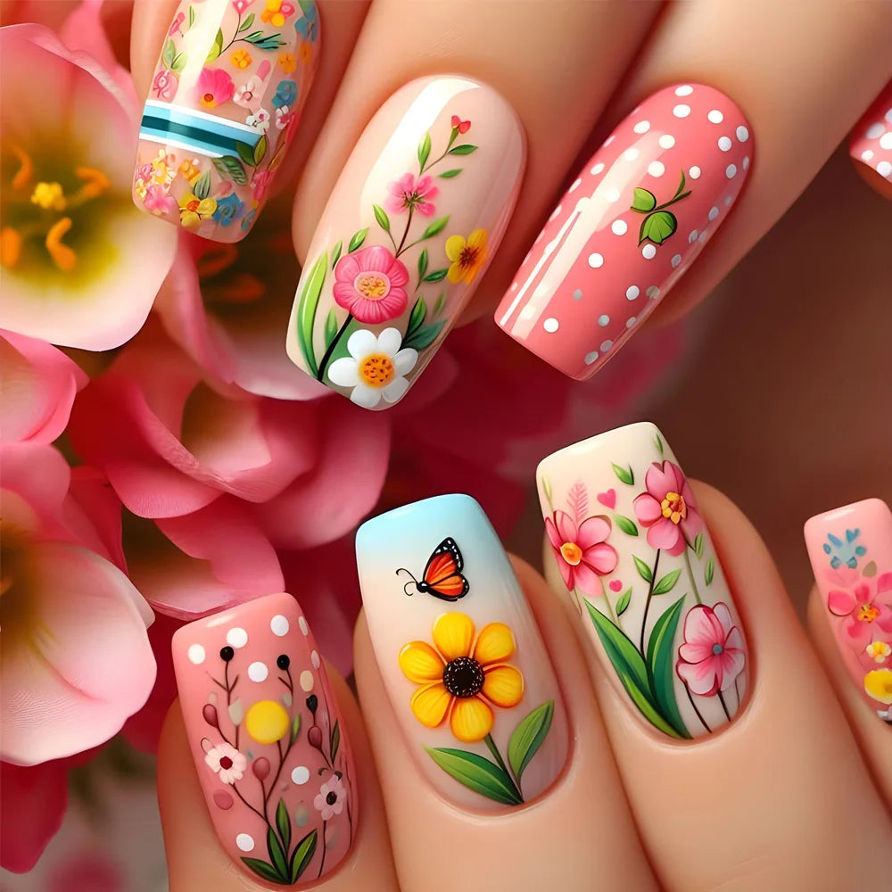 24Pcs Mid-length Ballet Fake Nails Pink Gradient with Spring Flower Sea Design Wearable Press on Nails Acrylic Nail Tip Manicure 2