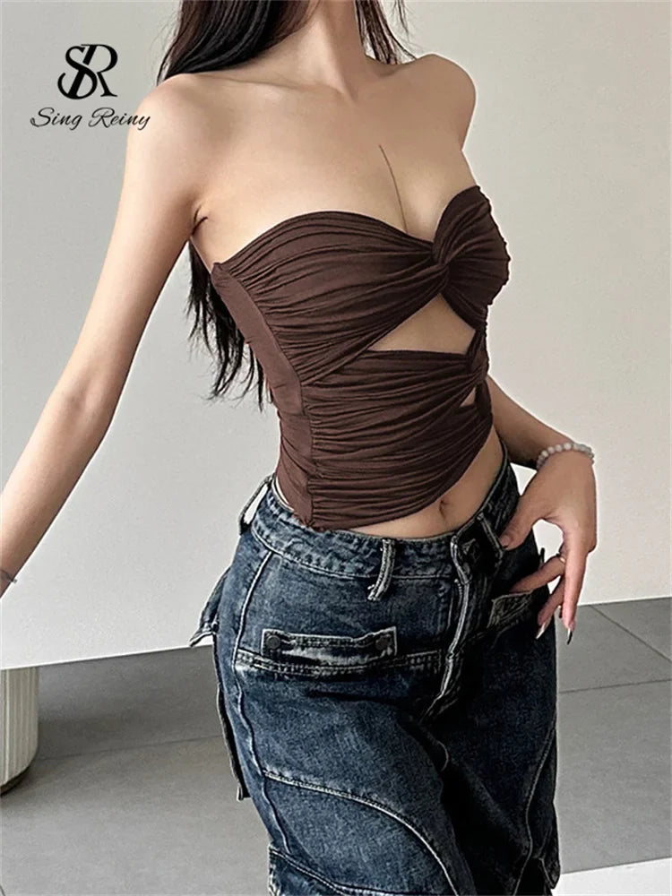 SINGREINY Sensual Strapless Solid Skinny Tank Tops Fashion Cross Short Slim Camisole Female Streetwear Irregular Sexy Tank Tops