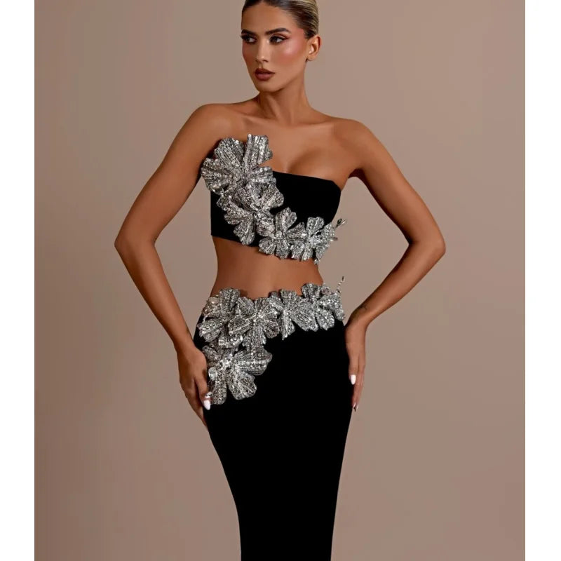 2024 Luxury Dazzling Diamond Flowers Short Strapless Top And Ankle Length Skirt 2 Pieces Woman Set Celebrity Party Vestido