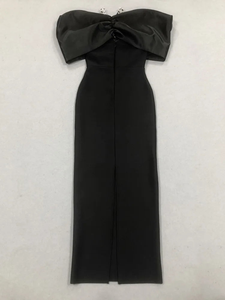 Women Sexy Off Shoulder Ruched Black Maxi Long Diamonds Celebrity Bodycon Bandage Dress 2025 Elegant Evening Club Party Dress
