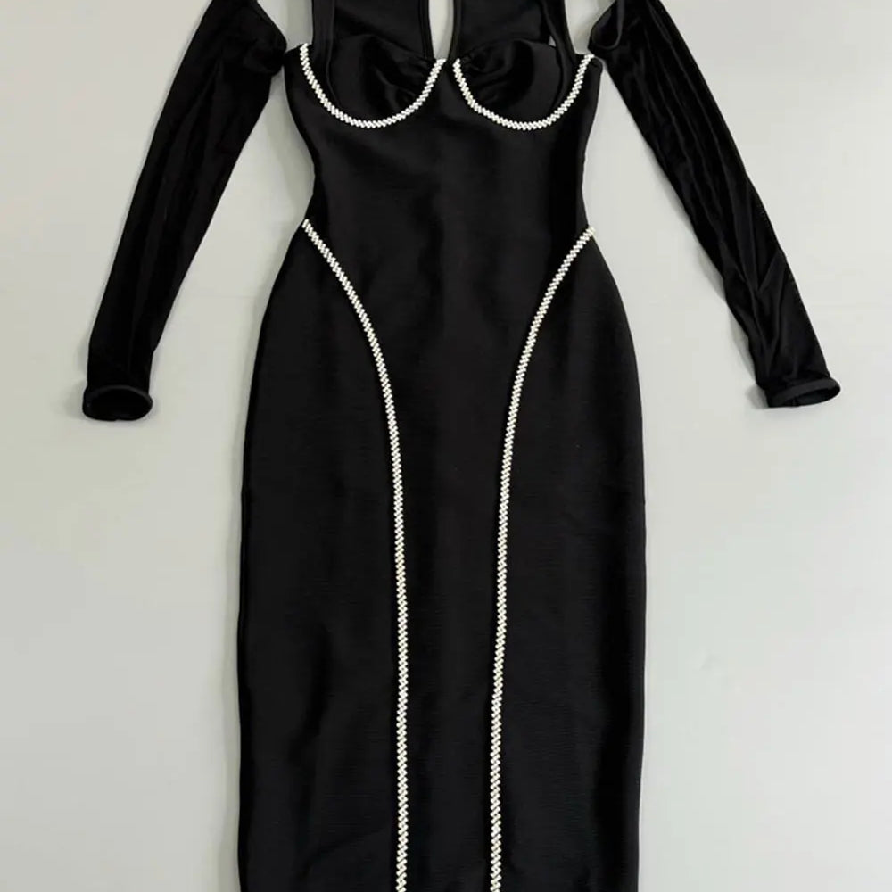 2025 Sexy Women's Light Luxury Nail Diamond Bandage Dress O-neck Long Sleeve Hollow Design Bodycon Midi Dress Party Vestidos black