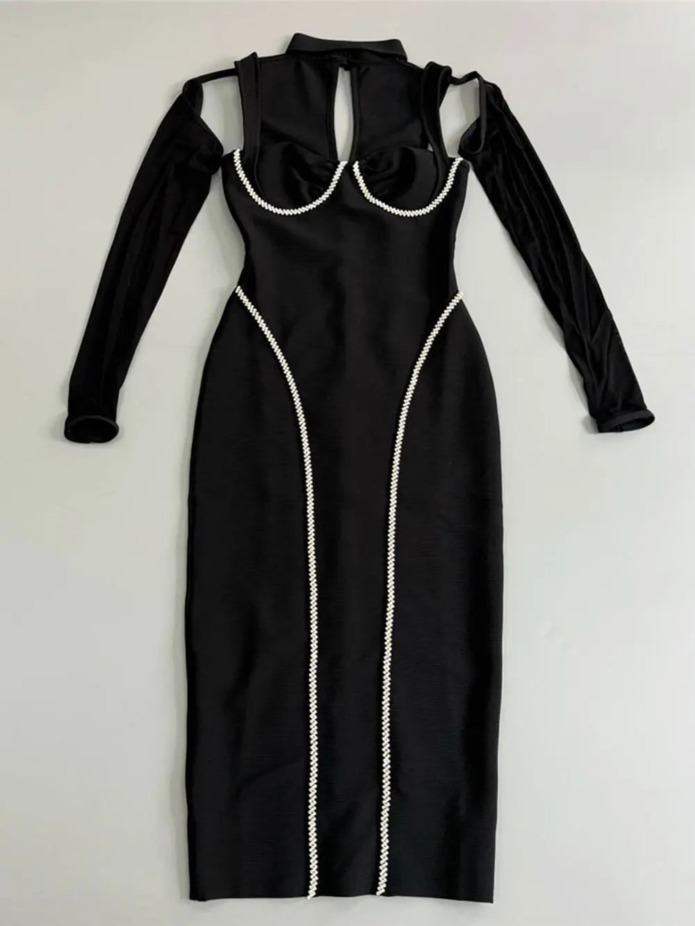 2025 Sexy Women's Light Luxury Nail Diamond Bandage Dress O-neck Long Sleeve Hollow Design Bodycon Midi Dress Party Vestidos black