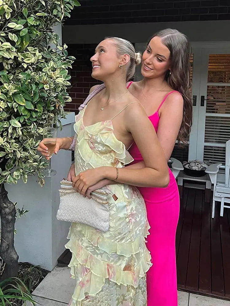 Boho Sexy V Neck Colorful Ruffles Sling Dress Women Backless Sleeveless Floor Length Slim Robe Lady Beach Holiday Vestido