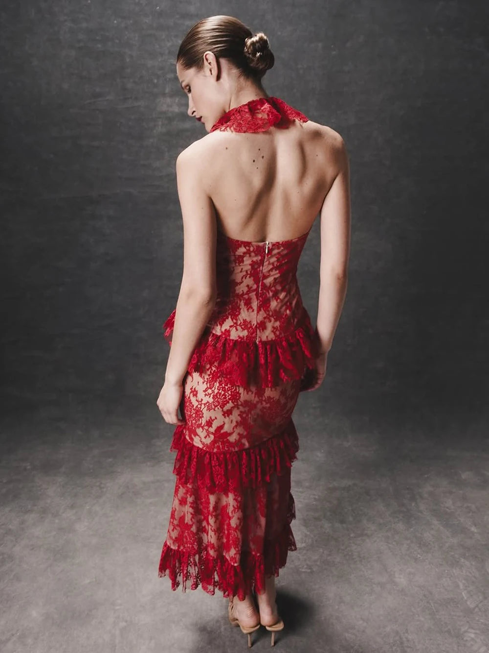 Sexy Lace Midi Halter Dress Women Red Ruffle Backless Sleeveless Party Dresses 2025 Summer Lady Vacation Robes New