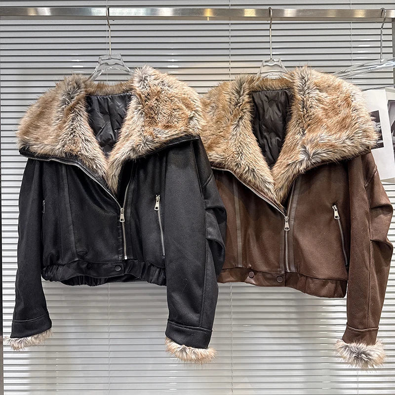 Winter New Fashion Big Fur Collar Suede Cotton Padded Coat For Women Warm Motorcycle Leather Jacket Female 11A07510