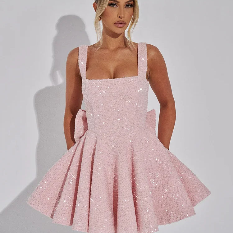 Sequins Bow Backless Sexy Mini Dress For Women Robe Fashion Square Collar Sleeveless High Waist A-line Club Dress
