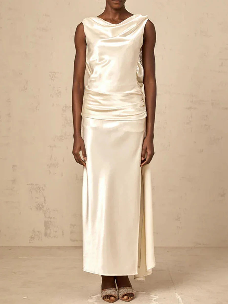 Solid Sliced 3D Flower Split Dresses for Women Swinging Collar Sleeveless Patchwork Folds Backless Dress Female New