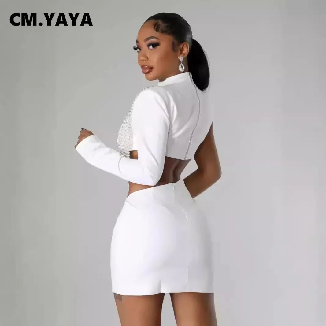 Women Full Sleeve Elegant O-neck Mini Dress 2024 Summer Pearl String Sexy Street Night Club Party Vestidos Dresses