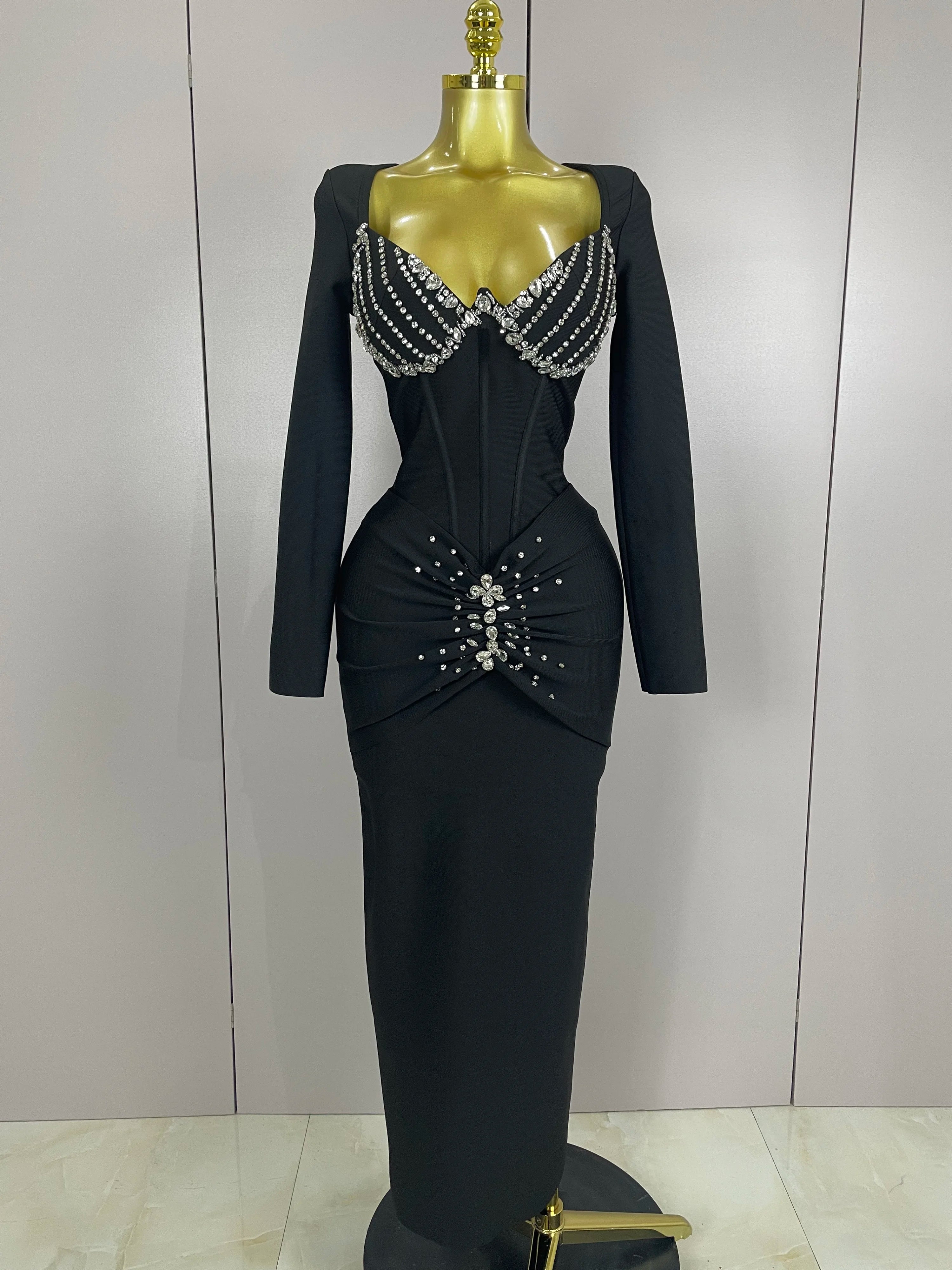 Sexy Luxury Sparkly Beading Bandage Long Sleeve Bodycon Dress 2025 New Women Celebrity Party Elegant Evening Club Pary Dresses black