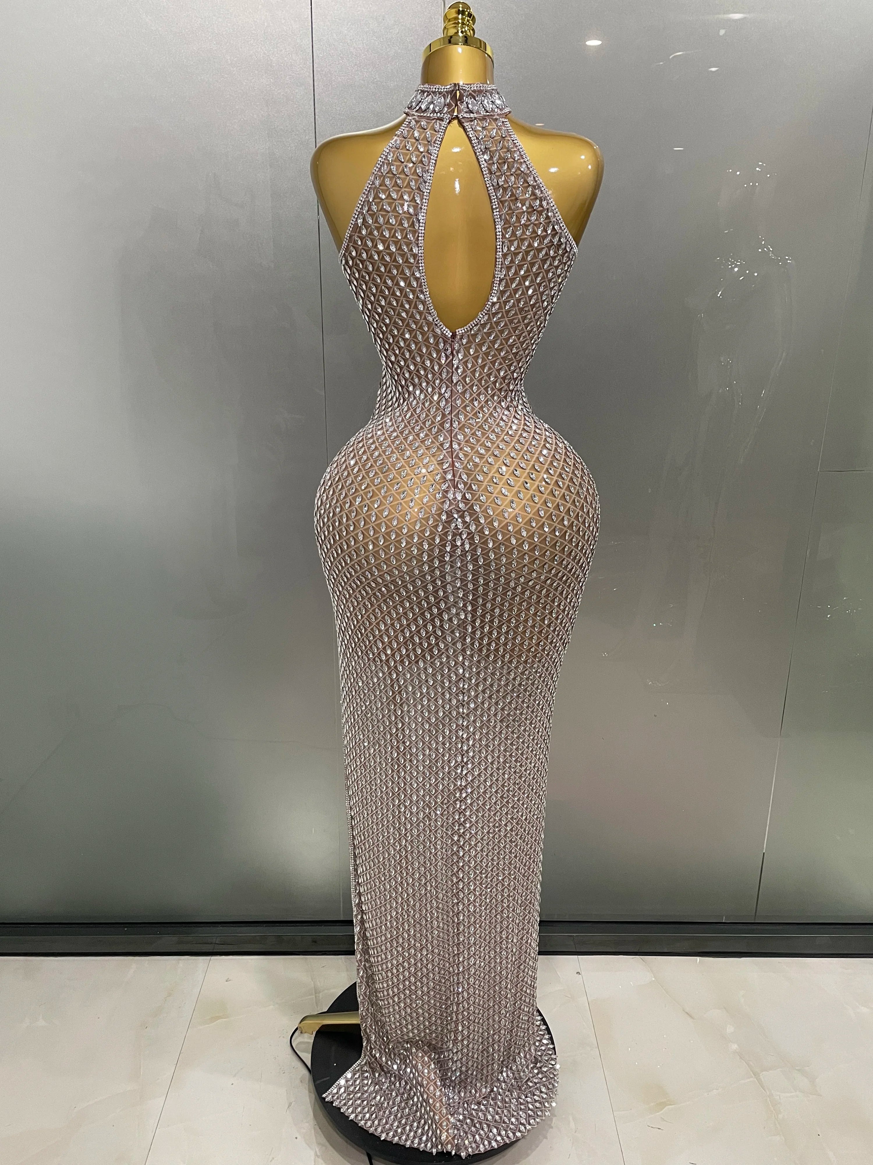2025 Luxurious Full Rhinestones Mesh Transparent long dress Women Birthday Celebrate Evening Prom Dress party Club Stage Costume