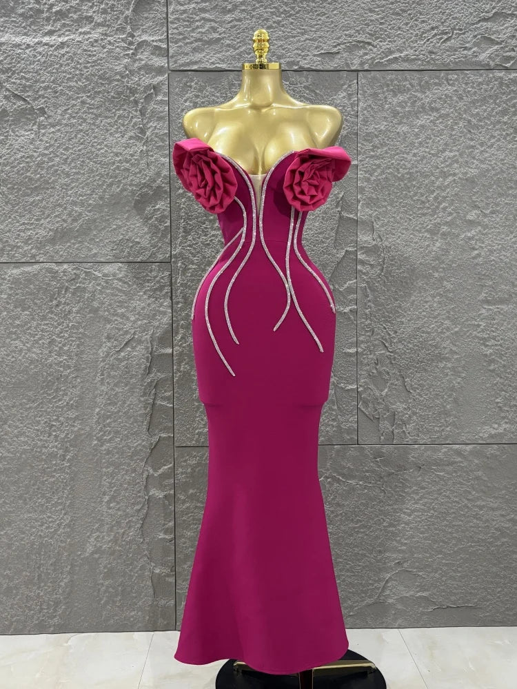 Rosered Color Women Sexy Florals Strapless Diamond Line Bodycon Long Bandage Dress Birthday Party Photo Shoot Wear Rose Red