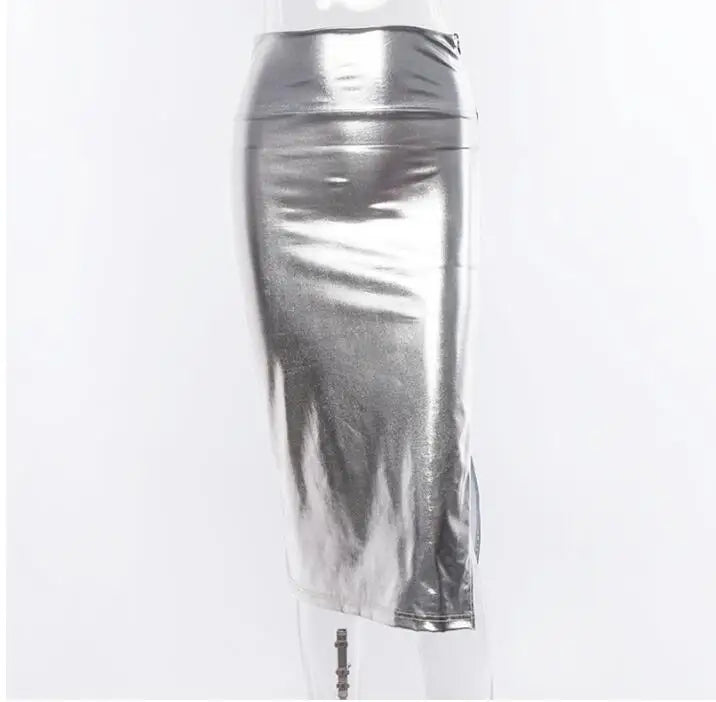 Sexy bodycon split silver skirt Women high waist skirt winter Female Elegant Fashion party bottom long skirts Silver