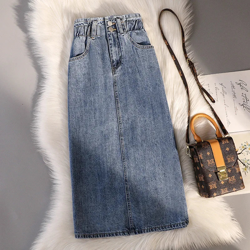 Oversized Casual Solid Button Pockets Denim Skirt Summer Office Lady Vintage Slim Elegant Skirts Spring Korean Fashion Faldas Light blue