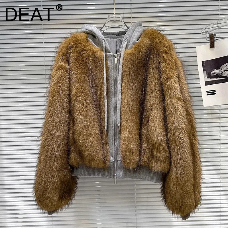 Winter New Trendy Fashion Furry Patchwork Design Sweatshirt For Women Loose Hooded Short Jacket Female 11A07771