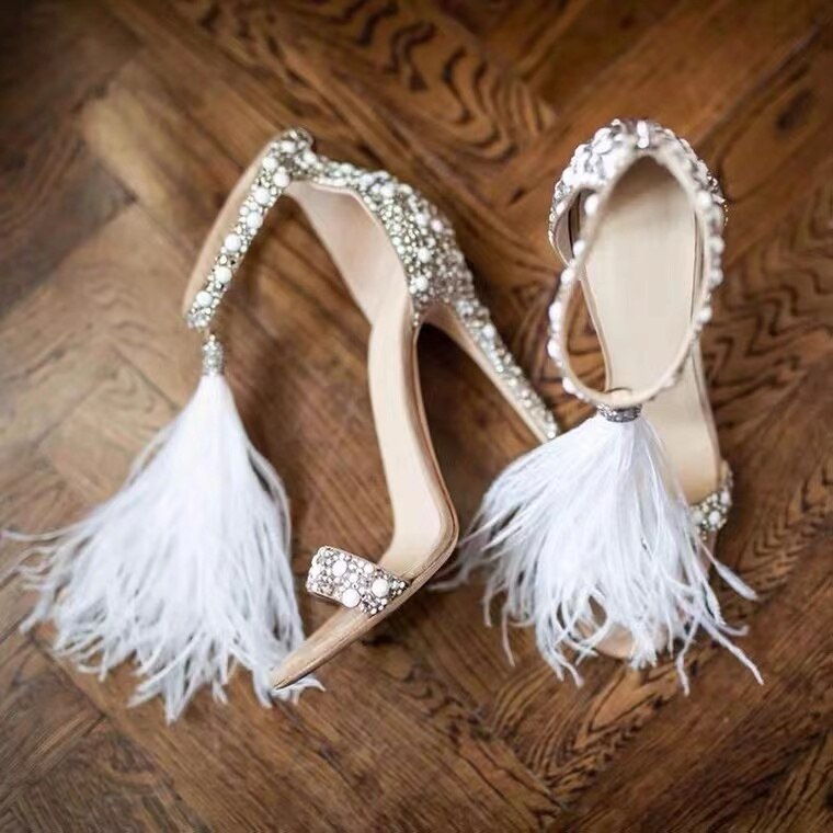 Rhinestone Feather Tassel High Heels Crystal Shoes Sandals Women&#39s Stiletto Sexy Wedding Bridal Shoes Wedding Shoes Sandal