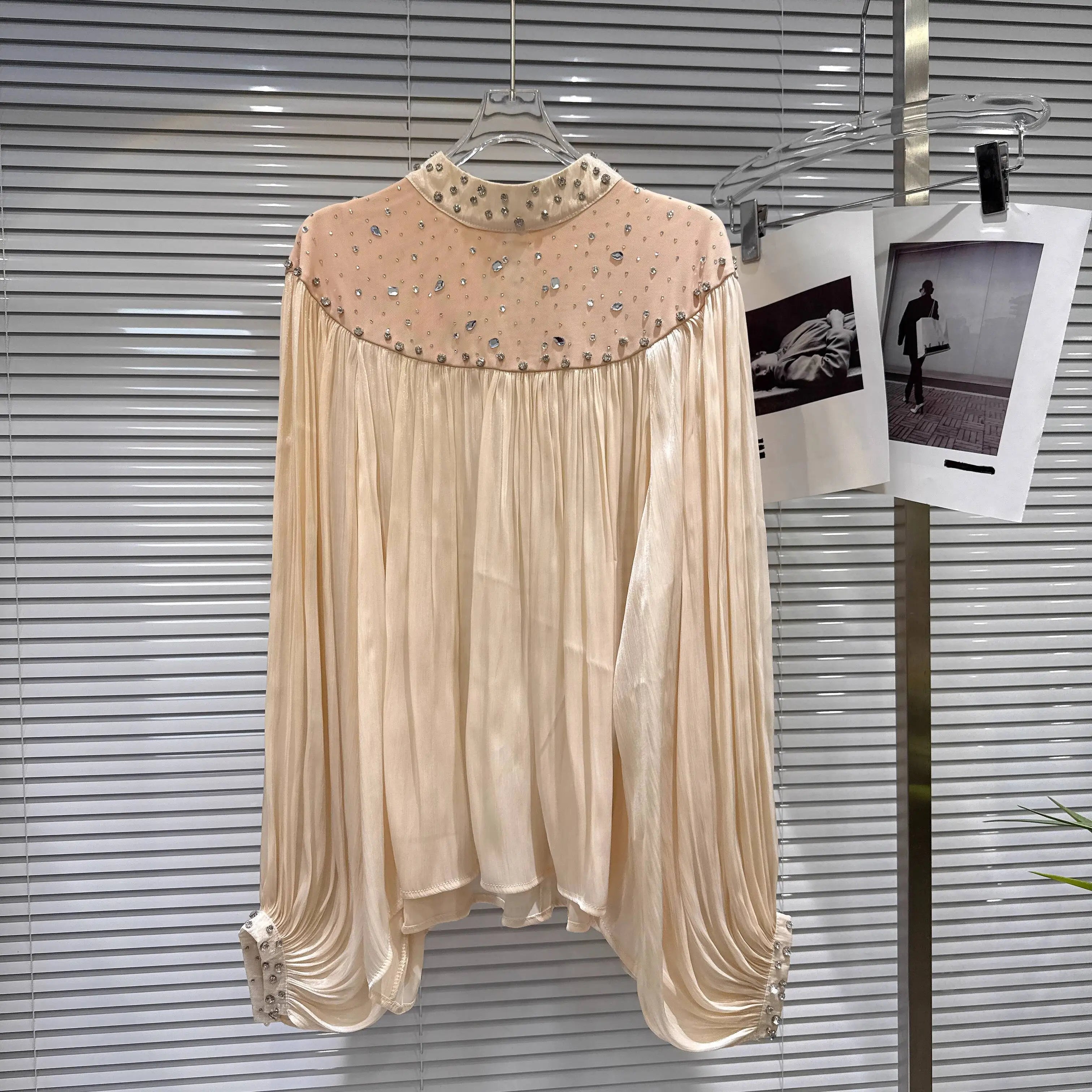 Winter New Fashion Diamond Design Loose Heavy Chiffon Blouse For Women Casual Versatile Shirts Female Trend 11A07689 Champagne One Size