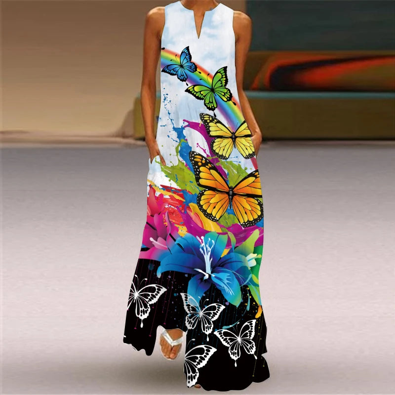 Fashionable Women's Hollow V-neck Maxi Dress Fresh Flower Print Sleeveless Loose Straight Beach Seaside Vacation Long Dress B43QZXG72786