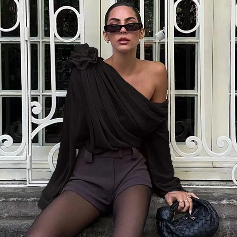 New Sexy Skew Collar Floral Applique Mesh Chiffon Tops For Women Elegant Fashion Club Cropped Tops See Through Pullover Black SY59