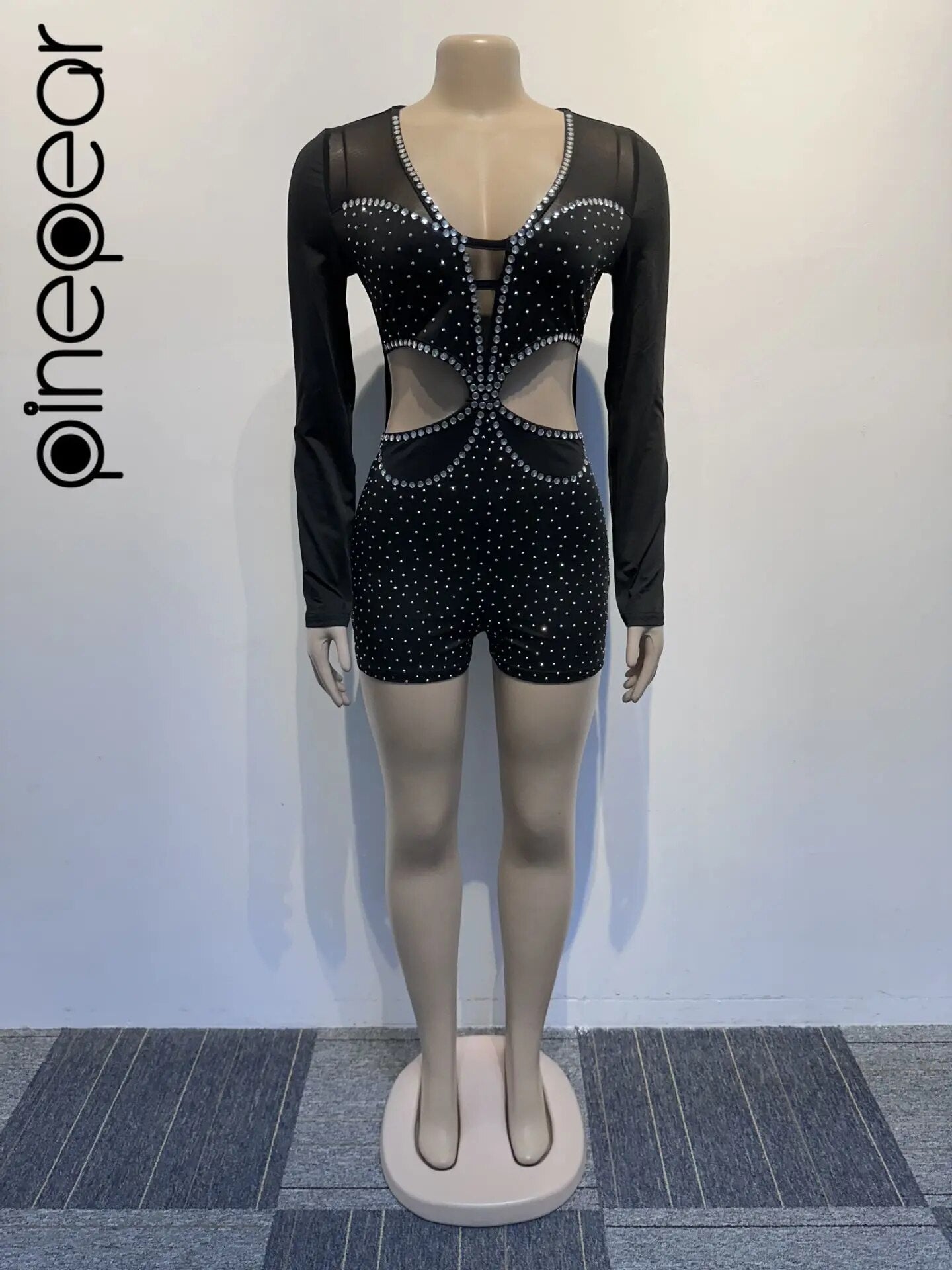 PinePear 2024 Shiny Diamonds Mesh Playsuits Women Long Sleeve Deep V Neck Sexy Hollow Out See Through Club Party Short Jumpsuits