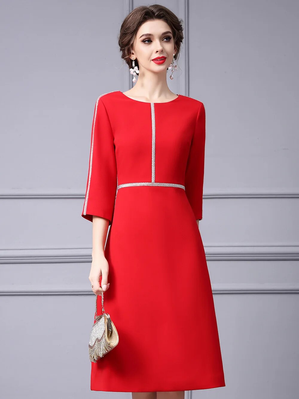 ZJYT Autumn Fashion Beading Party Formal Occasion Dresses for Women 2024 Elegant Christmas Red Midi Vestidos Fiesta Aline Robe red