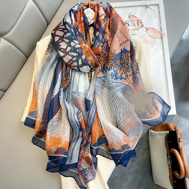 Print Silk Scarf Hijab Women Spring Deisgn Soft Beach Stoles Elegant Head Scarves Echarpe Shawl Satin Large Wrap Echarpe Bandana see chart 25