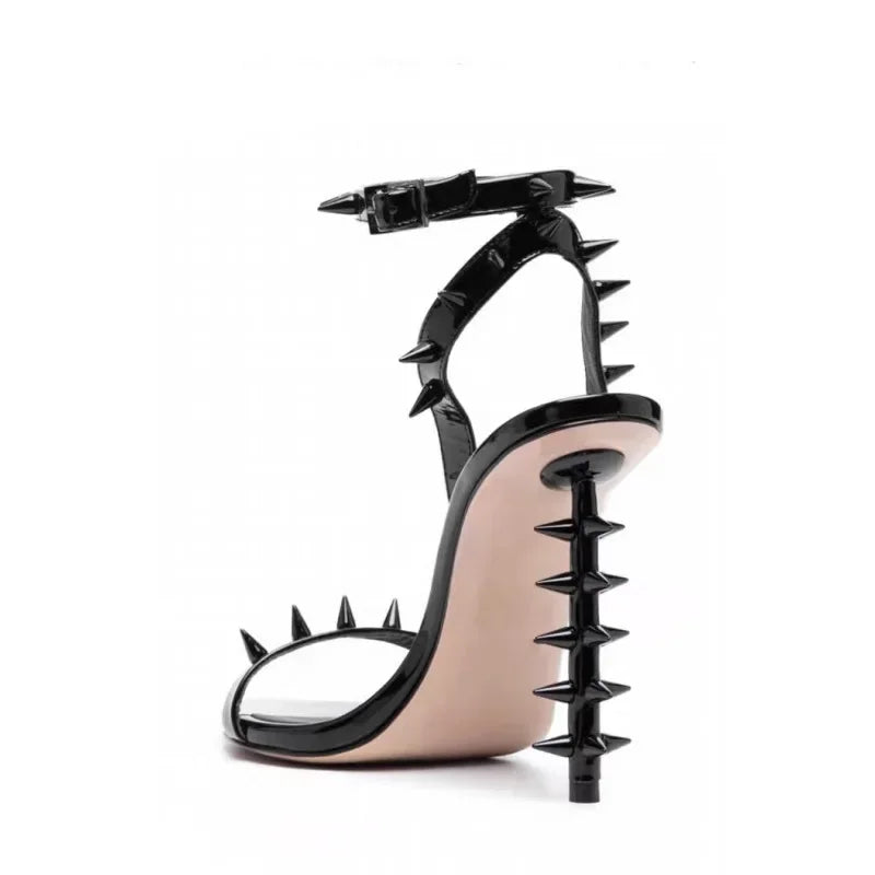 Classic Metal Rivets Sandals For Women Solid Open Toe High Heel Gold Strange Heel Buckle Strap One Strap Plus Size New Shoes