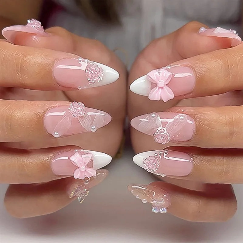10Pcs White French Fake Nail with Glue Almond Press on False Naills Pink 3D Bow Camellia Design Nails Art Wearable Manicure Tips 3645