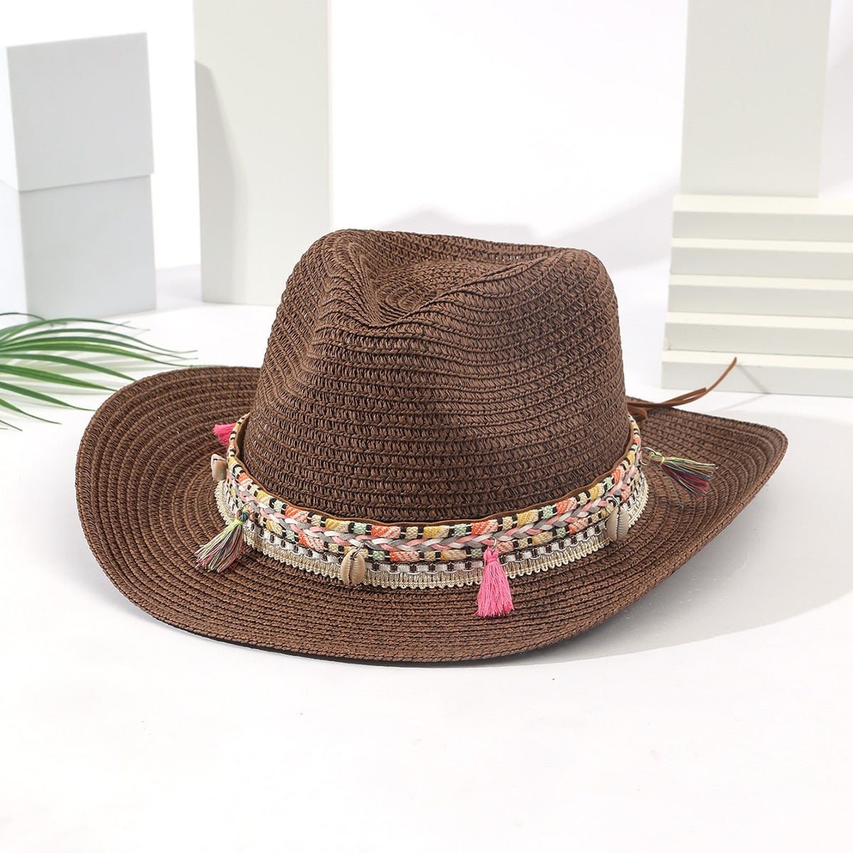 Wholesale Women Pink Tassel Cowboy Hat Floppy Beach Hats Summer Straw Hats Ladies UV Protection Hat Panama Sun Hat coffee