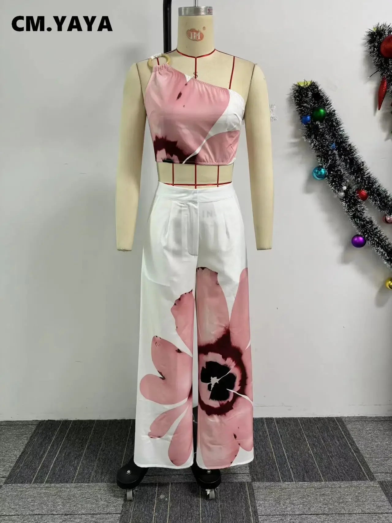 Women Set Floral Print Sleeveless Skew Collar Tops +Wide Leg Pants Two 2 Piece Set Outfit 2024 Summer Street Tracksuit