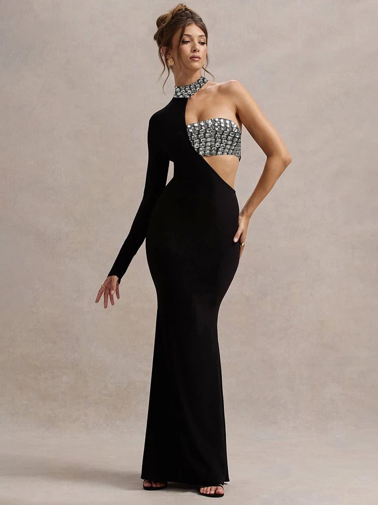 Stylish Black Asymmetric Long Sleeve Maxi Dress with Sparkling Detail Mermaid Gown for Red Carpet Events
