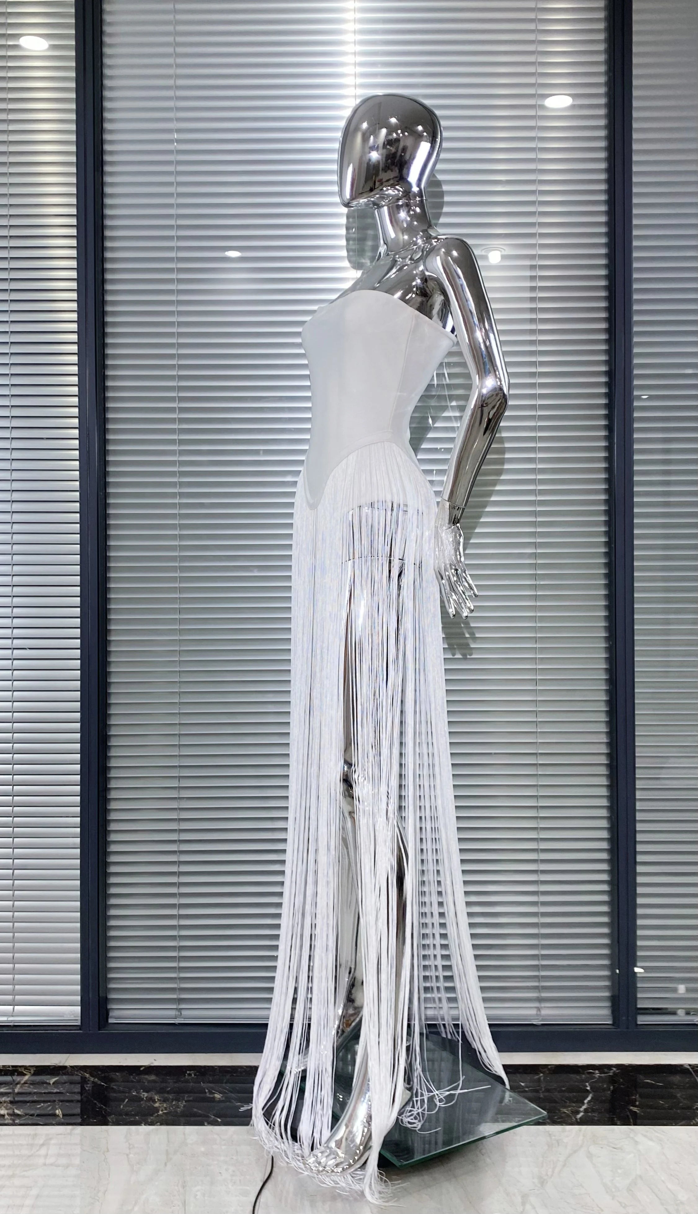 Summer White Color Long Tassel Strapless Bandage Jumpsuit Fashion Woman Party Bodysuit Vestido Performances Costume