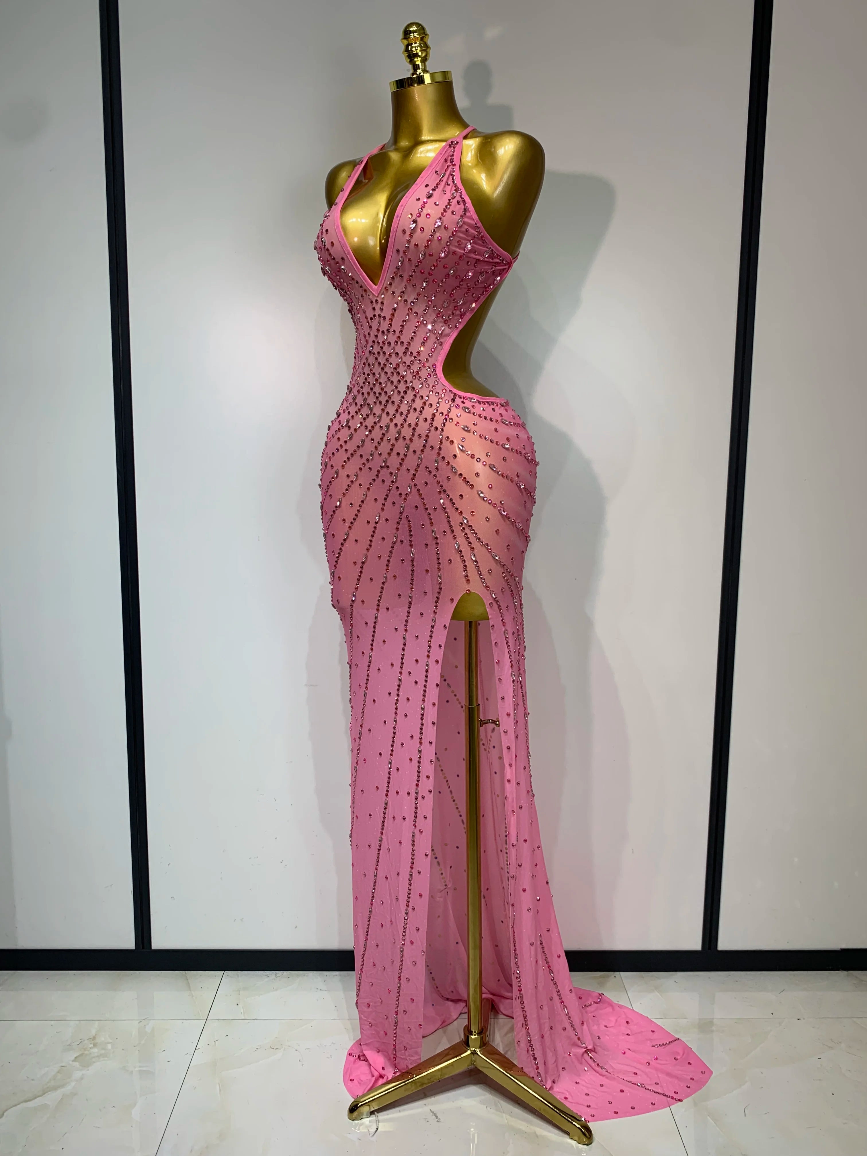 Sparkly Rhinestone Halter Mesh Transparent Dress Birthday Celebrate Evening Party Dress Women Sexy Split Backless Stage Outfit