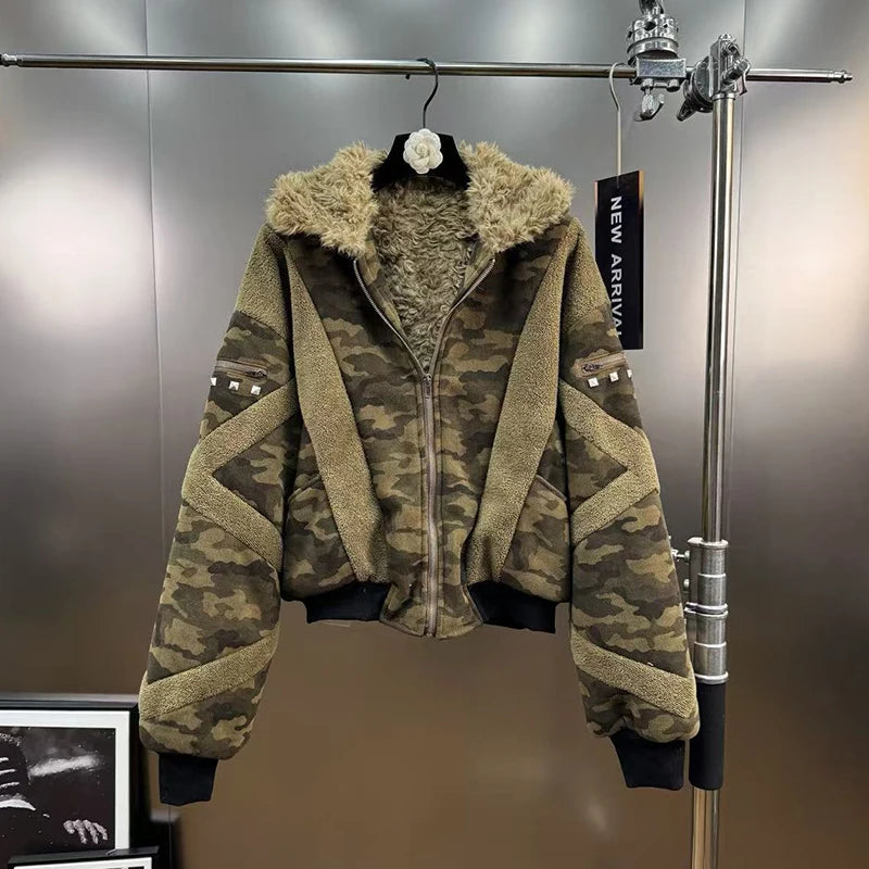 Winter Fashion Camouflage Patchwork Rivet Design Thickened Lamb Wool Coat Skirt Two-pieces Set For Women 11A07538